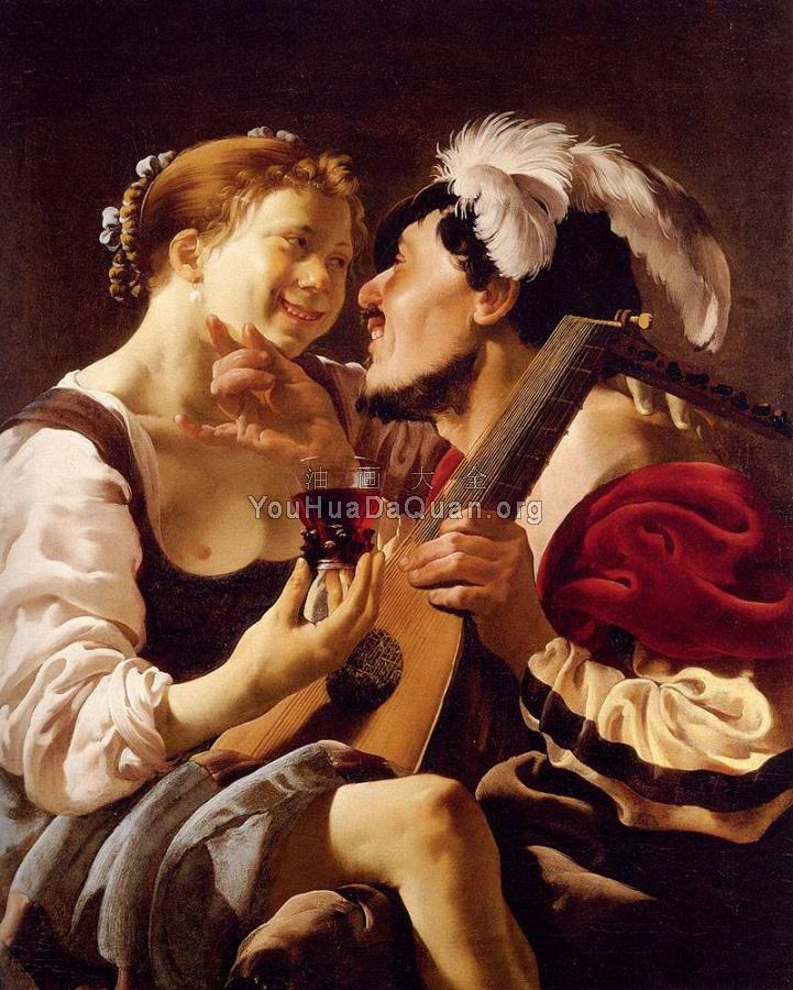 A Luteplayer Carousing With A Young Woman Holding A Roemer - 亨德里克·特布鲁根